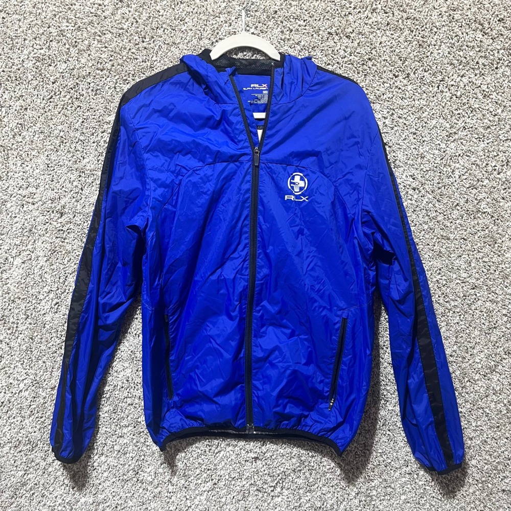 RLX Ralph Lauren Jacket Men's Medium Blue Full Zip Hooded Nylon Windbreaker